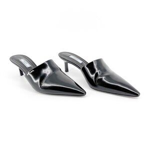 Prada Pointed Toe Logo Kitten Mule EU 38 US 8 Black Leather Slip On Low Heel